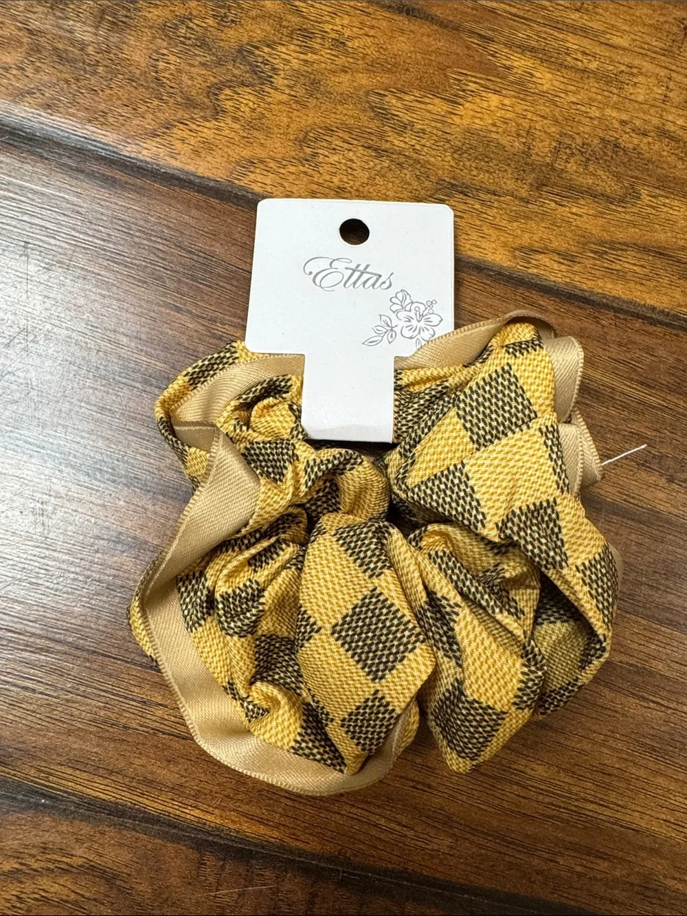 Ettas Mustard Black Plaid Satin Reversible Oversized Scrunchie NWT